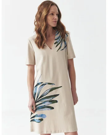 Rochie-tricou cu decolteu in V, Albastru lavanda/Verde englez/Bej deschis