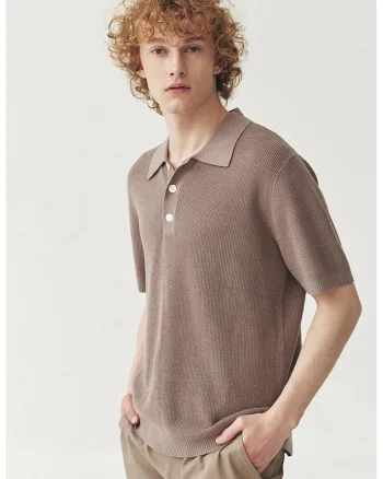 Tricou polo tricotat din amestec de in, Maro deschis