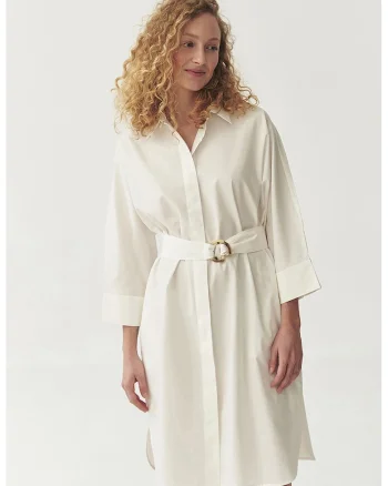 Rochie-camasa midi cu cordon in talie, Alb