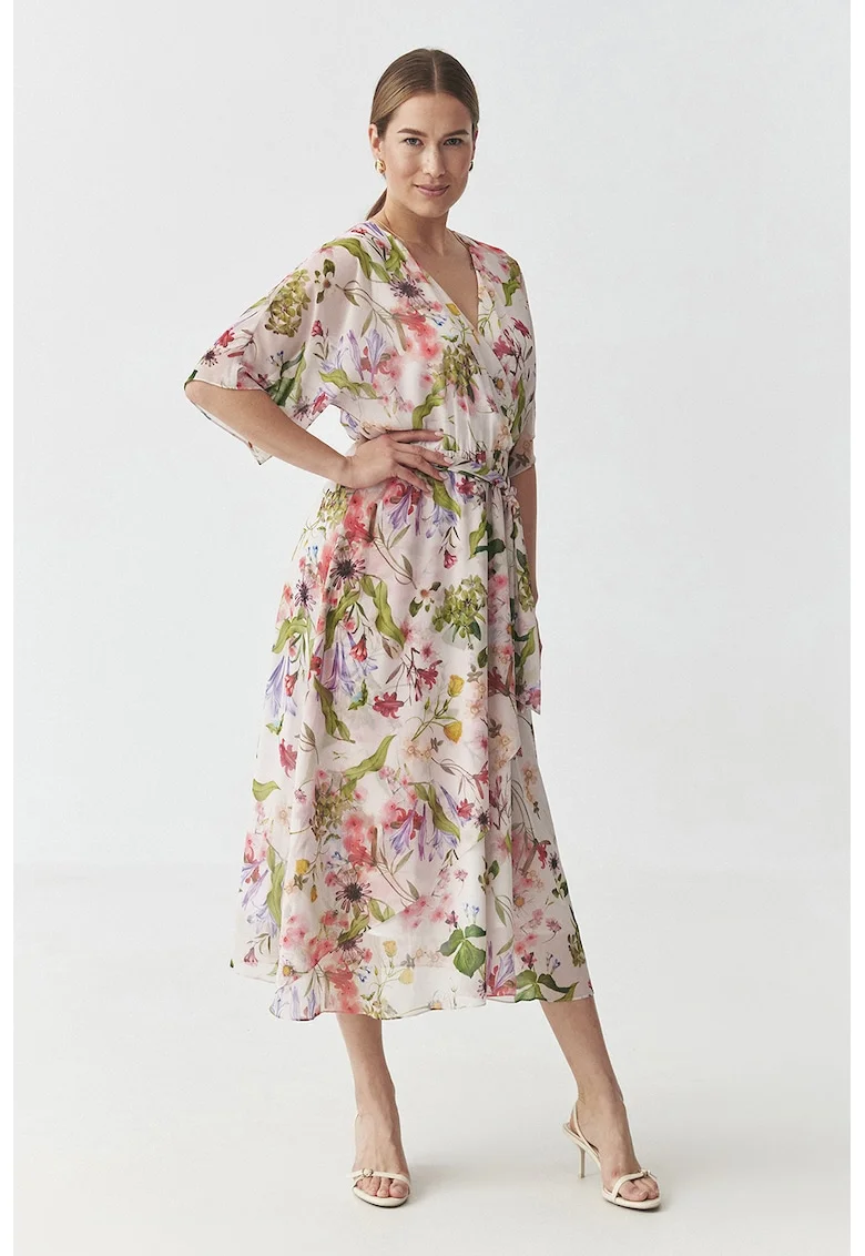 Rochie cu model floral si croiala petrecuta, Alb fildes/Verde masliniu