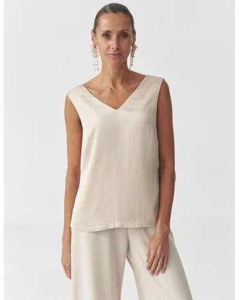 Bluza cu decolteu in V si model uni, Bej inchis