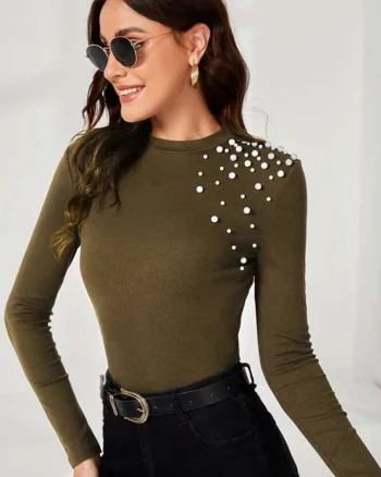 Bluza dama kaki accesorizata cu perle