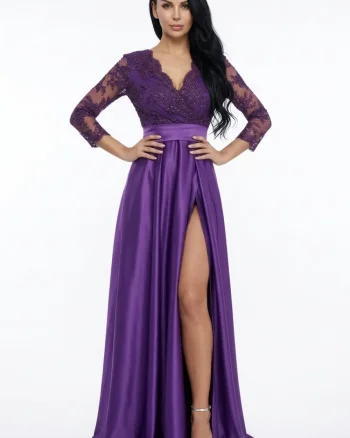 Rochie lunga eleganta din tafta mov cu broderie