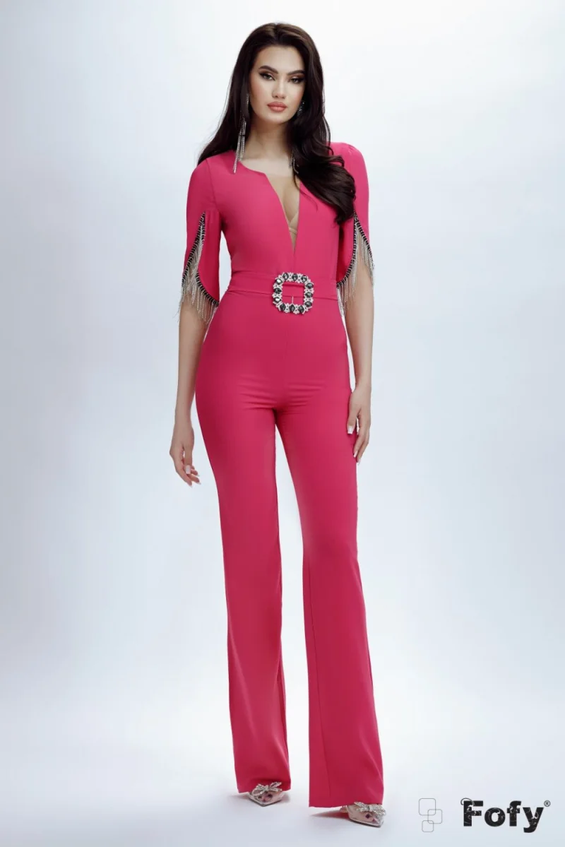 Salopeta eleganta cu franjuri si pantalon lung evazat