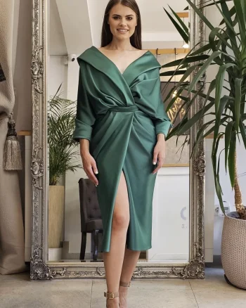 Rochie eleganta verde din tafta cu pense la talie si bust