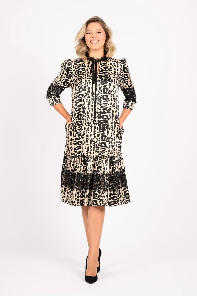 Rochie eleganta midi cu volan la baza si dantela