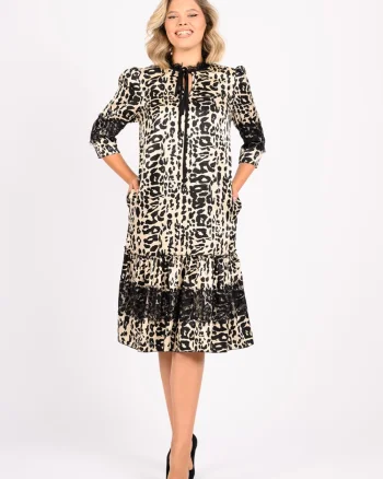 Rochie eleganta midi cu volan la baza si dantela