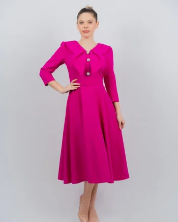 Rochie eleganta fucsia cu croiala in clos si volane la bust