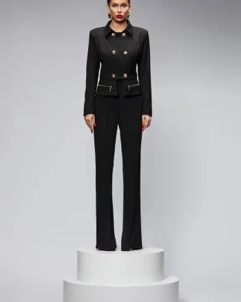 Compleu elegant negru cu pantaloni evazati