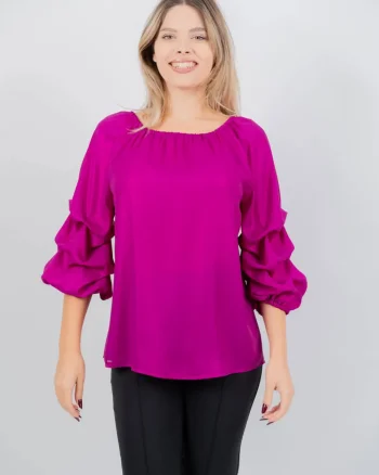 Bluza eleganta fucsia cu falduri la maneci din voal peliculizat