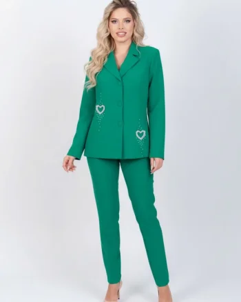Compleu elegant verde compus din doua piese sacou accesorizat cu detalii pretioase si pantaloni pana