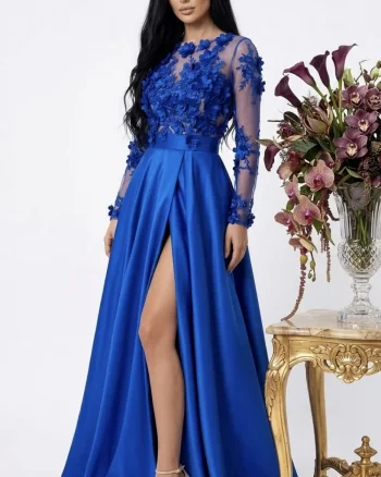 Rochie din tafta de culoare albastra cu broderie florala 3D