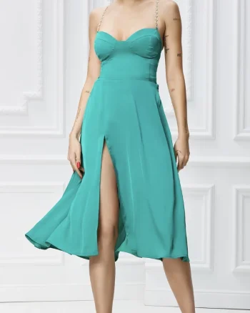 Rochie midi eleganta verde cu spatele gol si slit pe picior