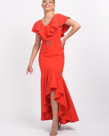 Rochie de ocazie mulata pe corp prevazuta cu volane