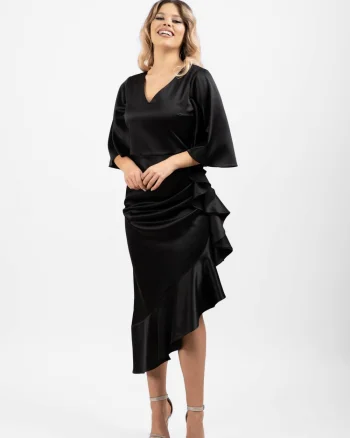 Rochie eleganta de ocazie din tafta cu lungimea midi asimetrica si volane in lateral