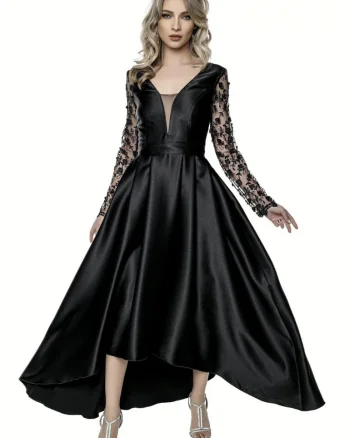 Rochie neagra din tafta asimetrica cu dantela in partea superioara