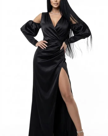 Rochie neagra din tafta neagra cu slit pe picior si umeri destupati