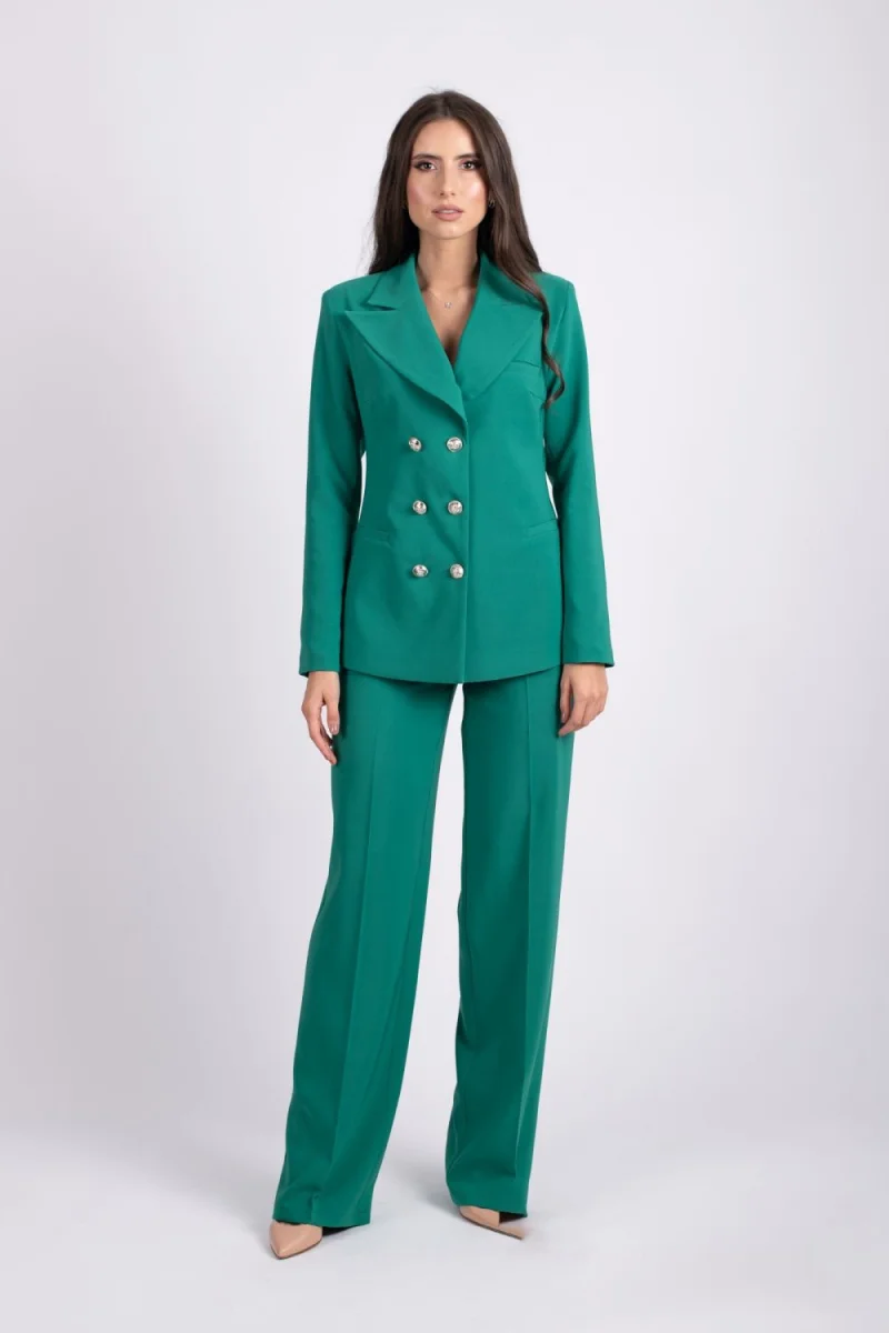 Pantaloni eleganti evazati cu talie inalta de culoare verde