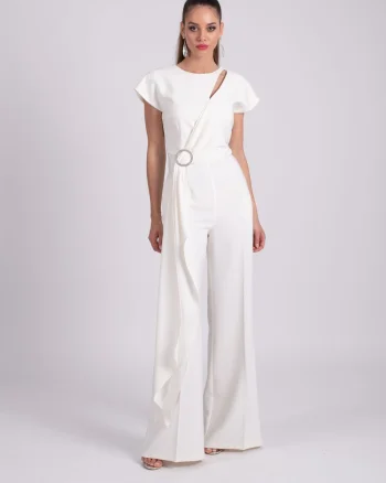 Salopeta eleganta alba cu pantalon evazat