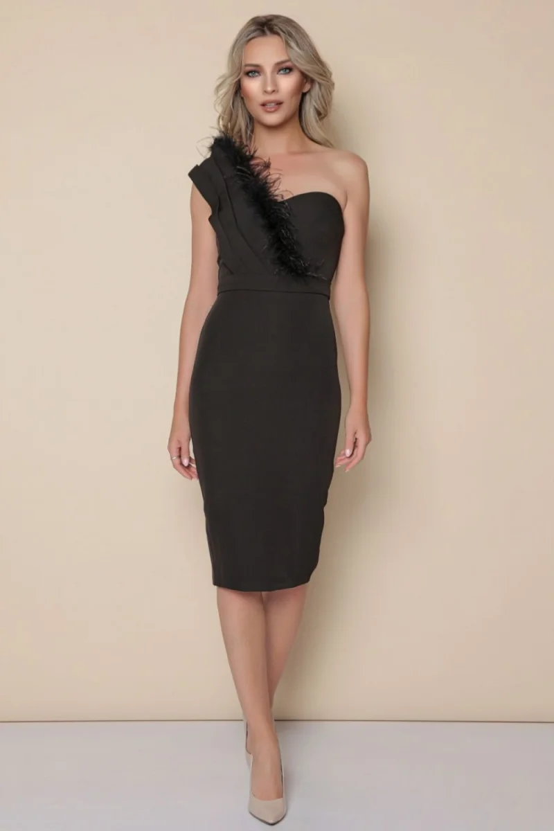 Rochie eleganta neagra conica accesorizata cu pene