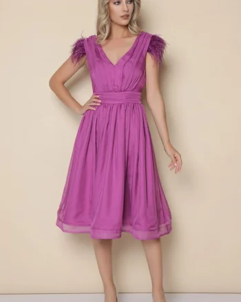 Rochie MBG fucsia din voal cu pene