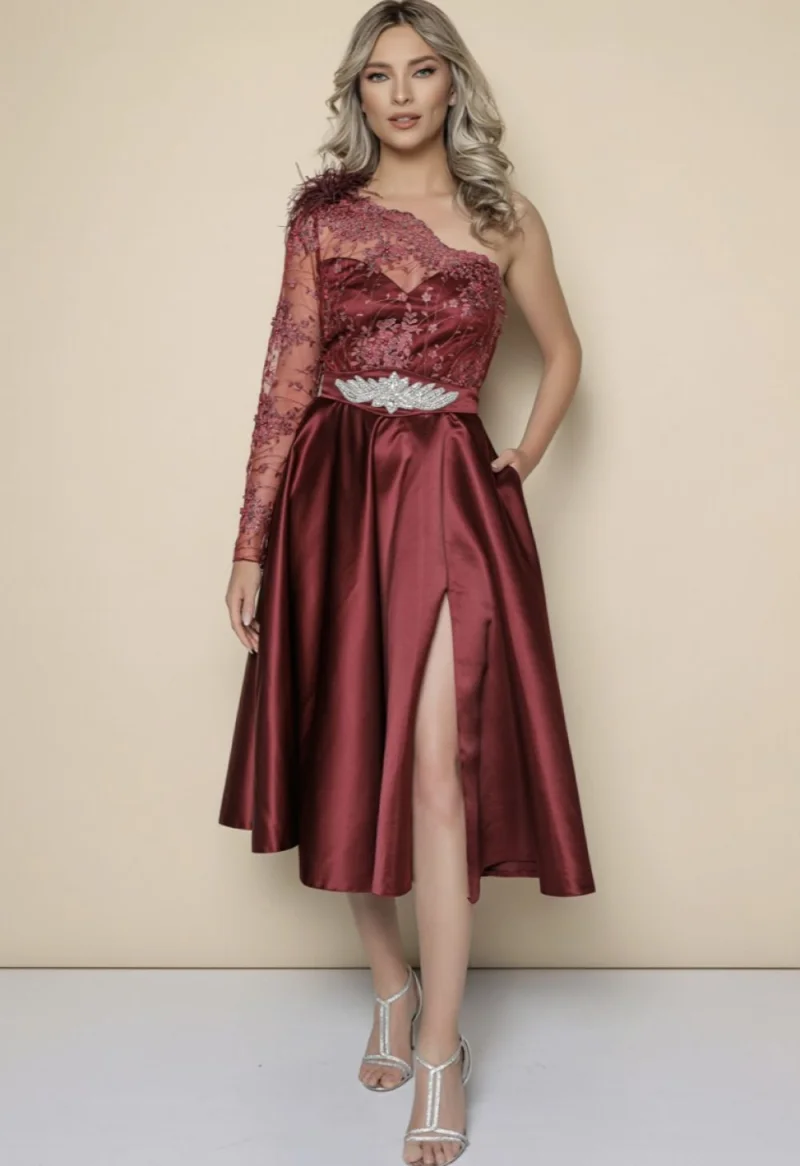 Rochie Mbg eleganta din tafta cu broderie si pene