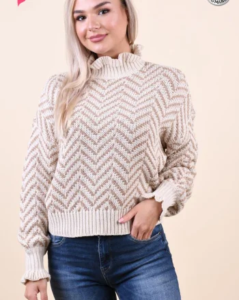 Pulover bej cu unt din bumbac cu model la guler si maneci