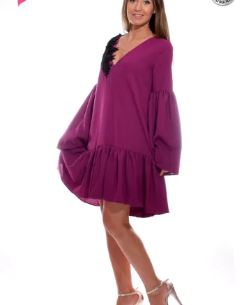 Rochie eleganta mov cu volane si broderie neagra