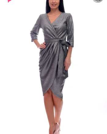 Rochie de seara cu falduri in laterale din material de culoare metalica