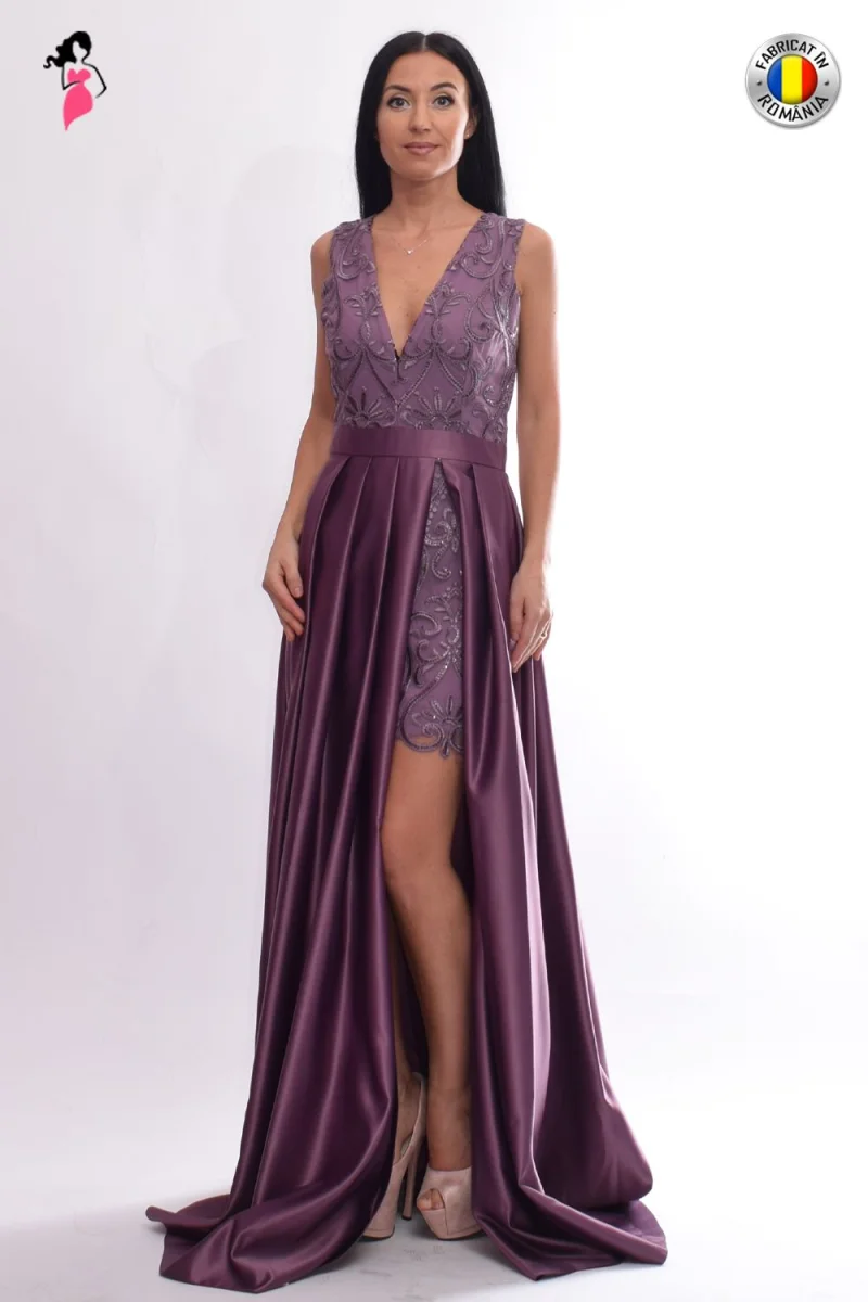 Rochie de seara din tafta lila cu broderie in partea superioara
