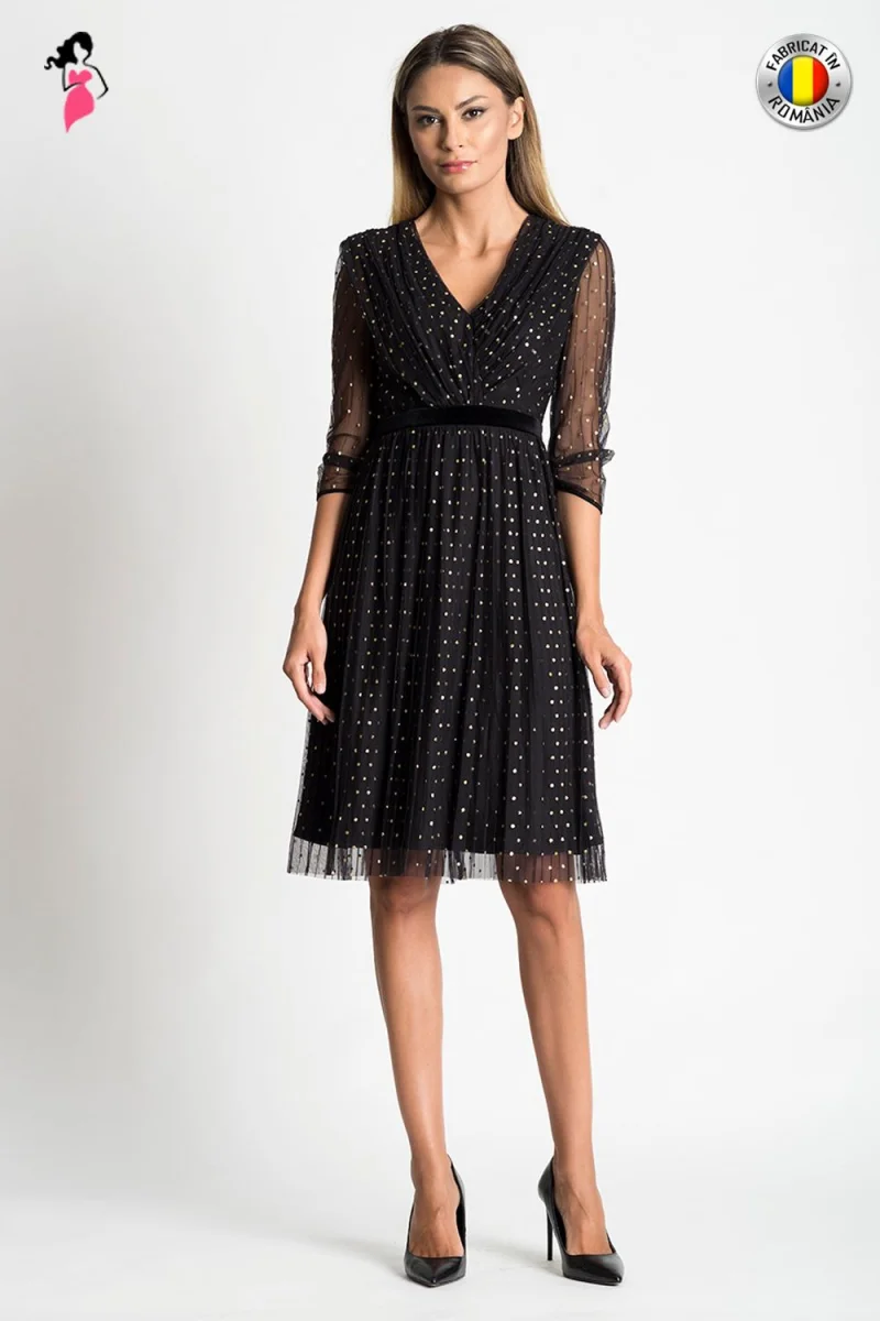 Rochie Xara de ocazie midi din tulle plisat cu buline aurii