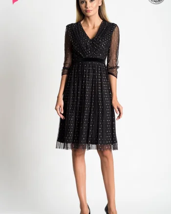 Rochie Xara de ocazie midi din tulle plisat cu buline aurii