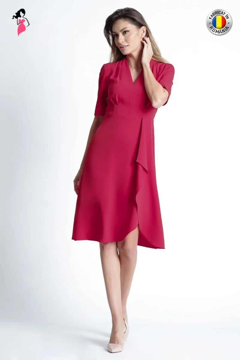 Rochie Xara eleganta din sfofa cu fusta petrecuta si pliu fluid