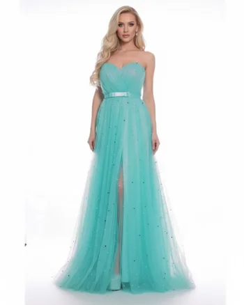 Rochie lunga de ocazie din tulle cu perle multicolore