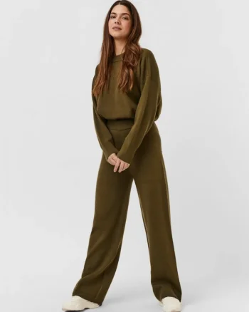 Pantaloni largi cu talie inalta de culoare verde