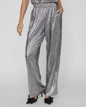 Pantaloni eleganti argintii cu croiala lejera plisati
