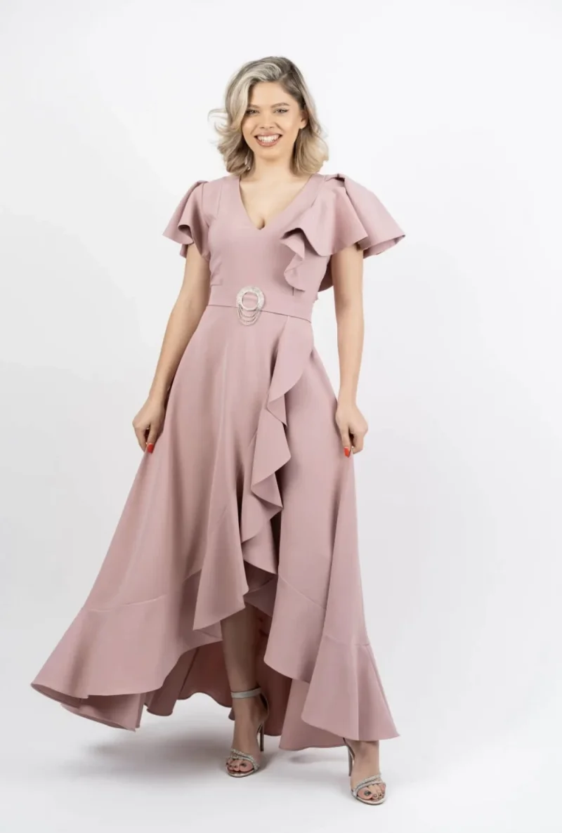 Rochie eleganta asimetrica roz pudra cu maneca scurta