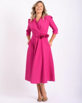 Rochie eleganta fucsia cu croiala in clos si lungime midi