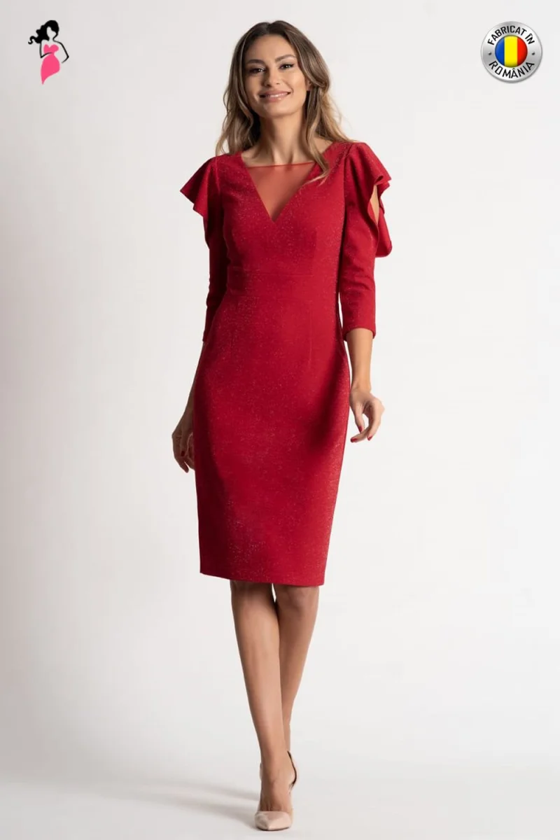 Rochie Xara de ocazie rosie cu fir metalic in tesatura de lungime midi