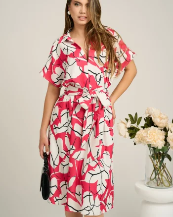 Rochie din viscoza alba cu imprimeuri fucsia si curea in talie