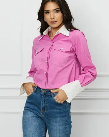Camasa DY Fashion scurta roz cu mansete albe