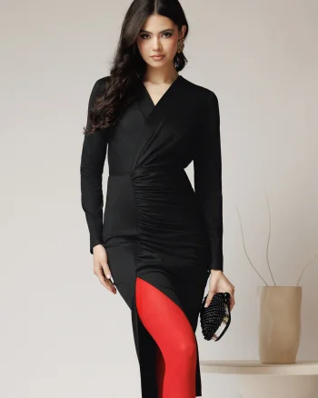 Rochie DY Fashion eleganta din lycra neagra cu fronseu pe fusta