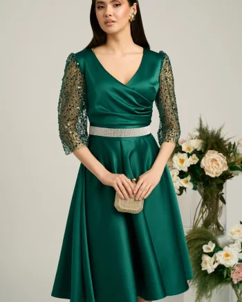 Rochie Ella Collection Adria eleganta din tafta verde cu cordon in talie