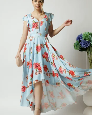 Rochie eleganta lunga din tafta bleu cu imprimeu si cordon in talie