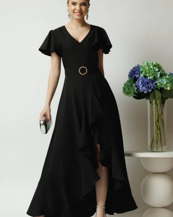 Rochie LaDonna lunga de ocazie din stofa neagra cu volane si cordon in talie