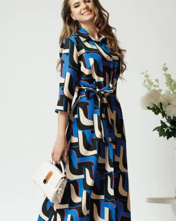 Rochie office cu imprimeu geometric albastru si cordon in talie