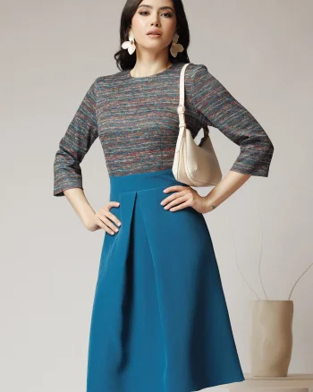 Rochie DY Fashion office cu fusta din stofa turcoaz si bust din jerse cu imprimeu