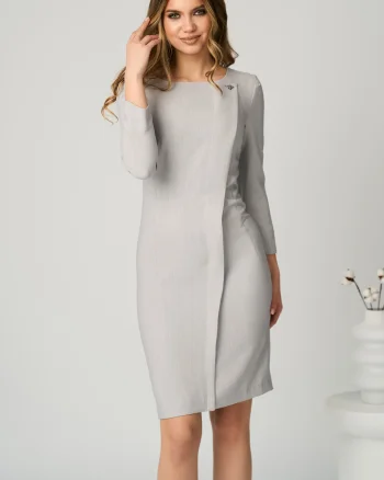 Rochie office din stofa gri cu accesoriu discret