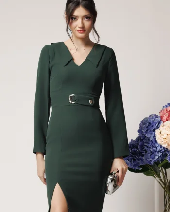 Rochie Moze office din stofa verde cu catarama in talie