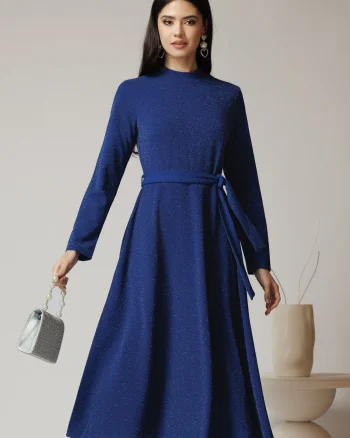 Rochie DY Fashion eleganta din lurex albastra cu cordon in talie